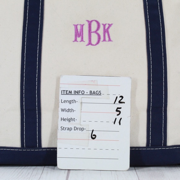 LL Bean Boat & Tote Blue Trim Embroidered MBK Open Top Tote Handbag - Picture 9 of 9
